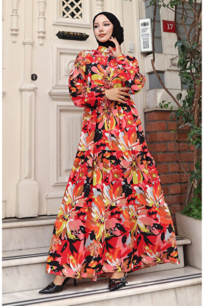 sefamerve Φόρεμα Modal Fabric Half Button 0164-02 Κόκκινο Μαύρο