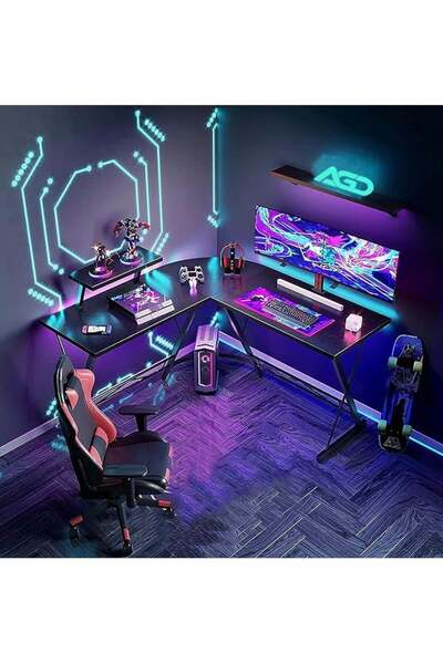 AGD L Shaped Gaming Desk Computer Desk Table Home Office Writing Workstation with Large Monitor Stan