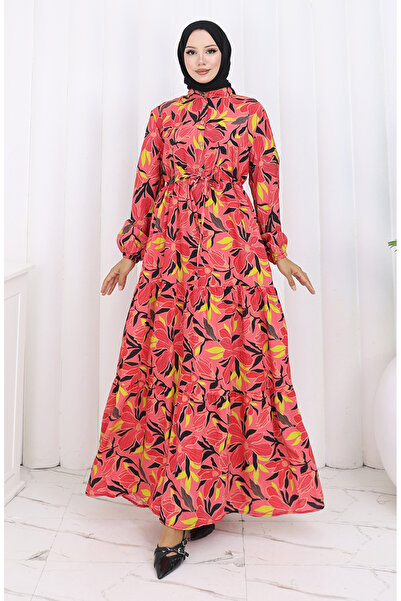 sefamerve Φόρεμα με μισό κουμπί από ύφασμα Modal 0162-04 Λουλούδι Ρόδι