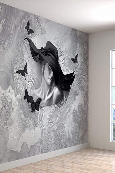 dreamwall Black Elegance Siyah Şapkalı Kadın ve Kelebek Desenli Tekstil Duvar...