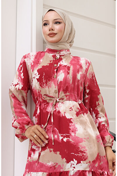 sefamerve Φόρεμα από ύφασμα με κορδόνια στη μέση 0160-02 Βουργουνδία