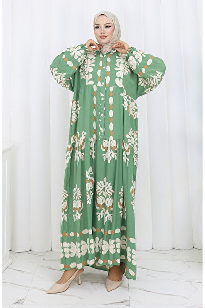 sefamerve Φόρεμα με μισό κουμπί από ύφασμα βισκόζης 2156-01 Χακί