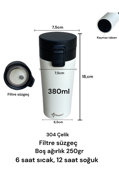 Penguen Herbal Tea Thermos with Filter Hot Cold Strainer Hand Thermos Vehicle School Work Travel Cup Thermos 380ml