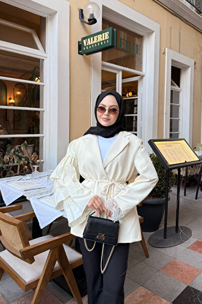 LOCCO Kadın Kol Dantelli Ceket Krem