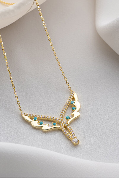 Two Arts Jewelry 925 Ayar Gümüş Kanat Şeklinde Mavi Taşlı Kolye – Zirkon Taşlı – Kadın