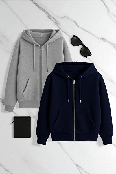 trendypassion Unisex Navy Blue & Gray Zipper Hooded Sweatshirt 2-Piece Opport...