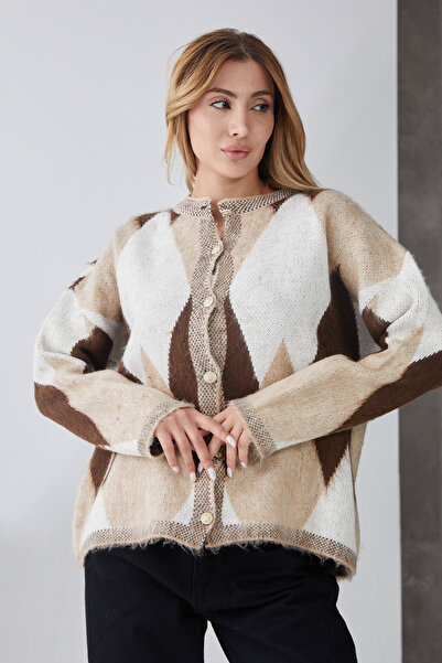 DPARİS Baklava Patterned Gold Buttoned Knit Cardigan