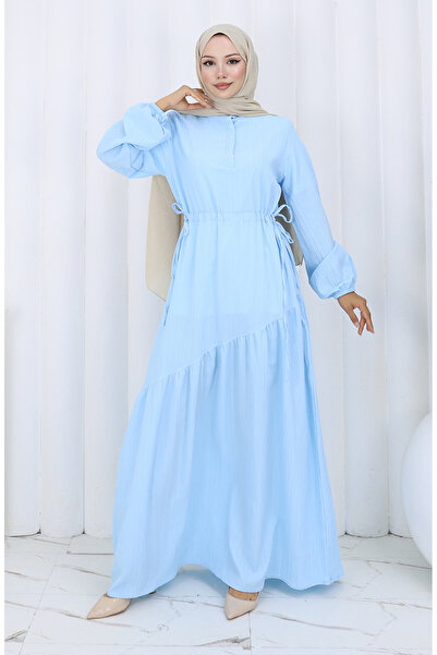 sefamerve Eteği Büzgülü Elbise 2157-03 Mavi