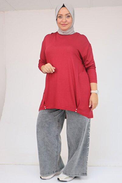 Eslina 58121 Plus Size Strawberry Tunic with Side Ruffles - Burgundy