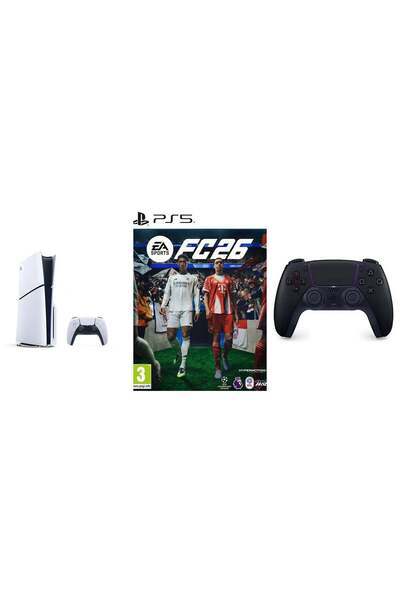 Sony بلاي ستيشن 5 قرص رفيع مع وحدة تحكم إضافية باللون الأسود الداكن وجهاز FC26