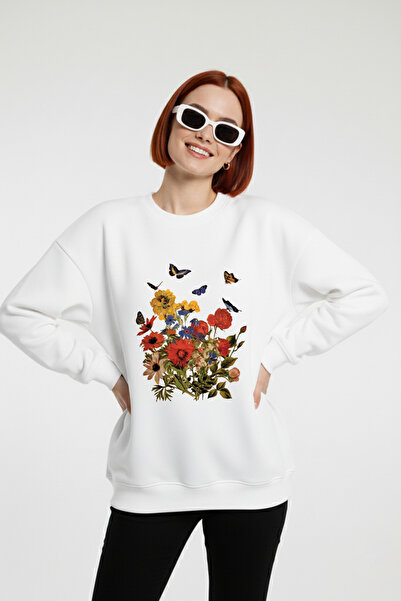 uyguntarz Unisex Colorful Flowers Printed Oversize Crew Neck Sweatshirt