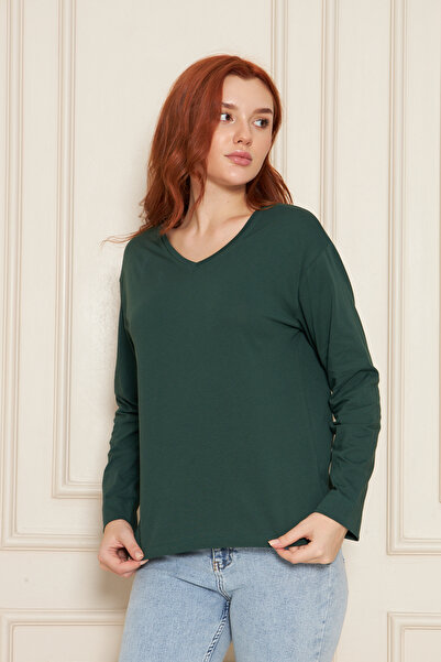 Tight Lady Σμαραγδένιο μπλουζάκι από 100% οργανικό βαμβάκι με λαιμόκοψη σε σχήμα V, μαλακή υφή, κανονική εφαρμογή, άνετη εφαρμογή, μακρυμάνικο χτενισμένο βαμβακερό μπλουζάκι