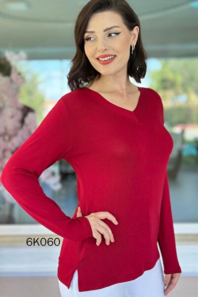 İnce Topuk بلوزة من قماش الفراولة بياقة على شكل حرف V 6k060