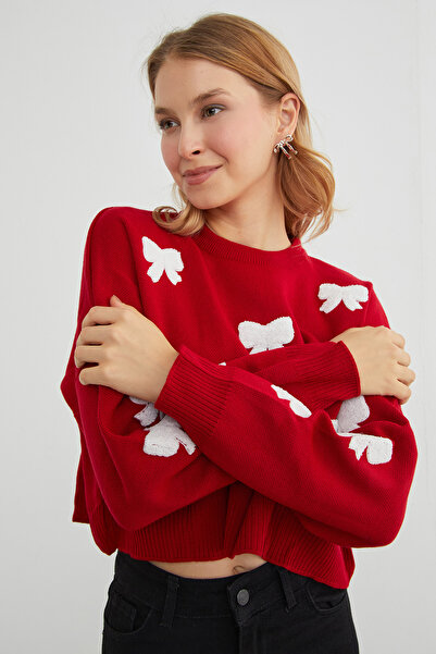 Fulla Moda Ribbon Embroidered Crew Neck Oversize Knit Sweater