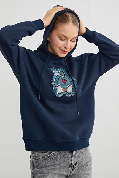 Fulla Moda 3-нитковий джинсовий светр з капюшоном Oversize з вишивкою ведмедика