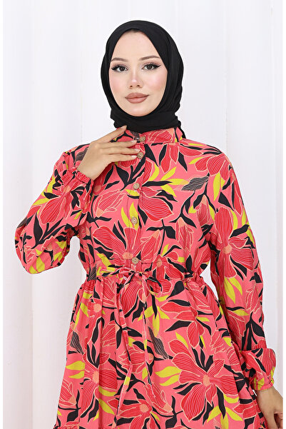 sefamerve Φόρεμα με μισό κουμπί από ύφασμα Modal 0162-04 Λουλούδι Ρόδι