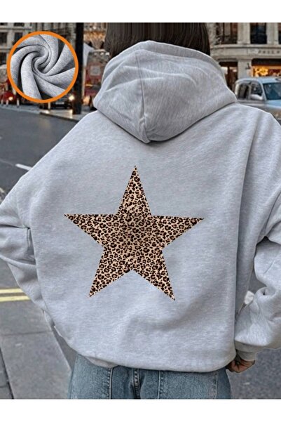 AFROGİYİM Women's Star Back Printed Ribbed 2 Thread Hooded Sweatshirt