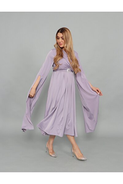 Stylish فستان ميدي باللون البنفسجي تصميم لف بقصة أكمام أنيقة