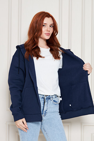 Tight Lady Lacivert Kalın Dokulu Puf 3 iplik Kanguru Cepli Kapüşonlu Fermuarlı içi Polarlı Sweatshirt Hırka