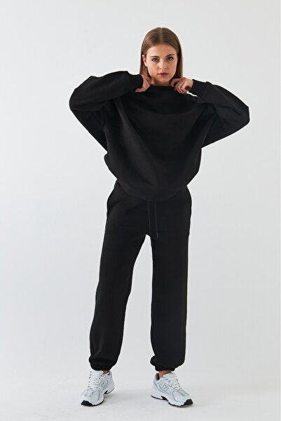 GIA - ART Set de trening oversize unisex, negru de bază – decolteu cu gât de ...