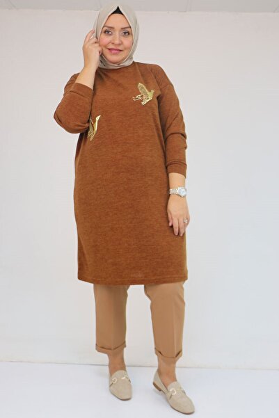 Eslina 58143 Plus Size Mir Tunic with Low Sleeves and Accessory Detail - Tan