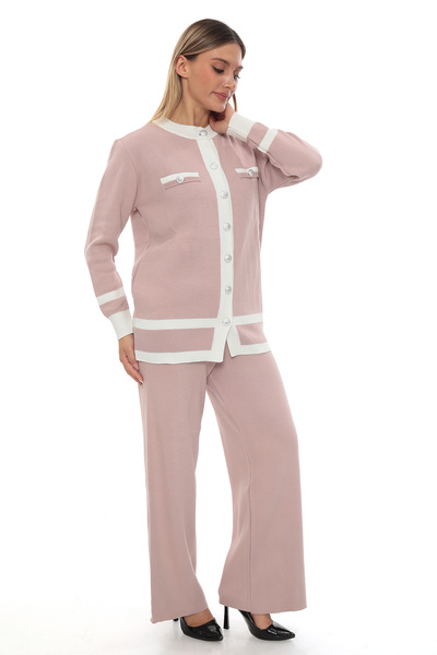 VAJESTO طقم نسائي مكون من سترة تريكو بأزرار وخطوط وردية فاتحة مع بنطلون، طقم ...