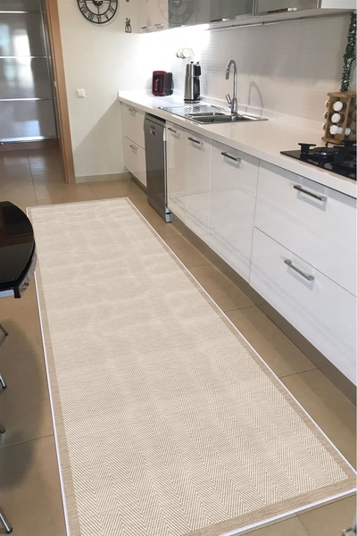 VOPTEKS Vizon Bej Halı Mutfak Halısı Makinede Yıkanabilir Halı Kaymaz Taban Halı