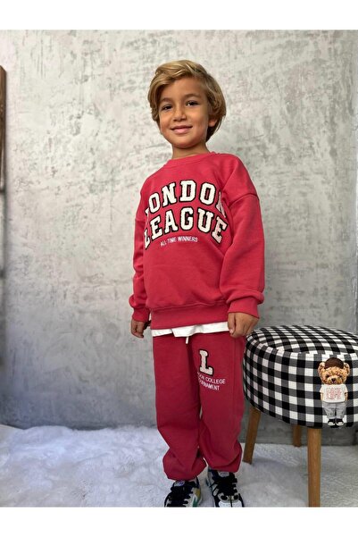 Magu Erkek Çocuk Pamuklu Kırmızı London League Sweatshirt ve Eşofman Alt Takım - Nakış Detaylı