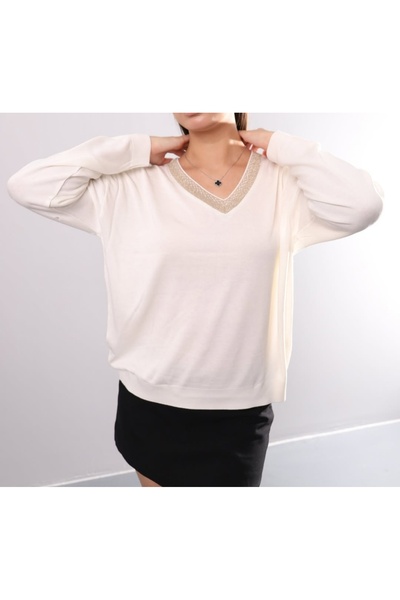 Butik Şans Πλεκτή μπλούζα εκρού με λεπτομέρειες από σύνθεση σιμιλένιο νήμα κα...