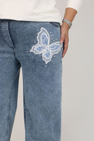 Eslina 59035 Plus Size Butterfly Stone Detailed Wide Leg Jeans - Blue