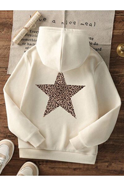 AFROGİYİM Γυναικείο φούτερ με κουκούλα με στάμπα με αστέρια και ανάγλυφο 2 νήματα