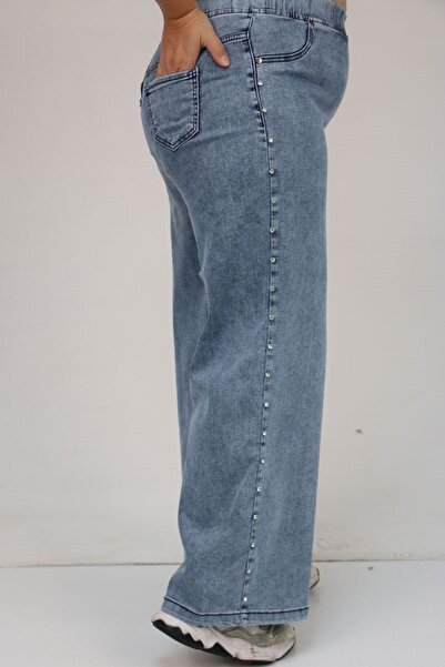 Eslina 59034 Plus Size Loose Fit Stone Detailed Jeans - Blue