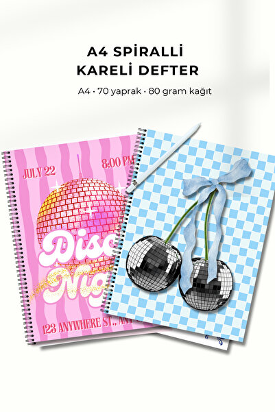 pnkycrco A4 Spiralli Kareli Disco Topu ve Fiyonk Okul Defteri Not Defteri 2'li Set 70 Yaprak