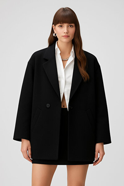 Trn JNS Kadın Kısa Kaşe Kaban Düğmeli Siyah