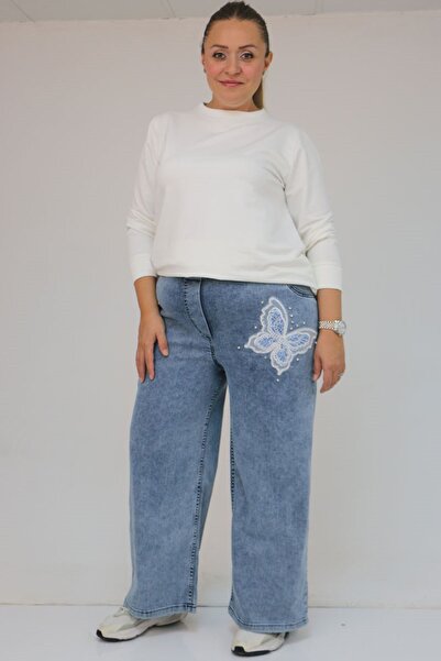 Eslina 59035 Plus Size Butterfly Stone Detailed Wide Leg Jeans - Blue