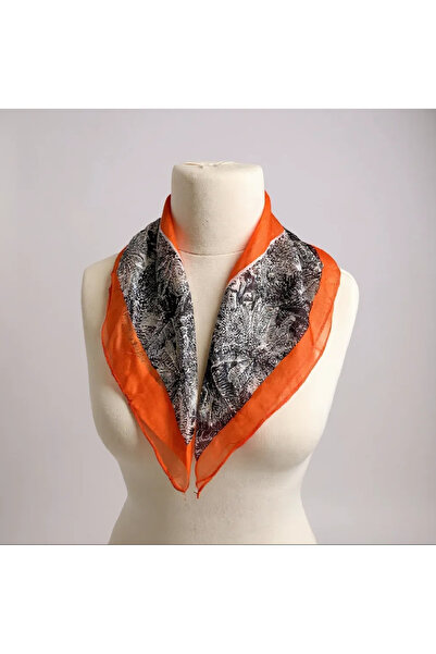 Bohem kutusu وشاح حريري 100% - وشاح نسائي بنمط أبيض وأسود مع إطار برتقالي / إ...