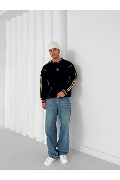 PLÜTON GİYİM Erkek Yaprak Logo Oversize Bisiklet Yaka Sweatshirt