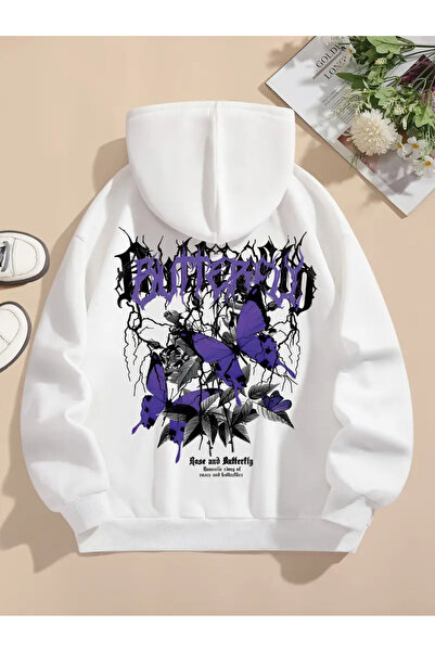 İSMTEXS سويت شيرت بقلنسوة مطبوع عليه فراشة على الذراع والصدر بنمط رياضي للجنس...