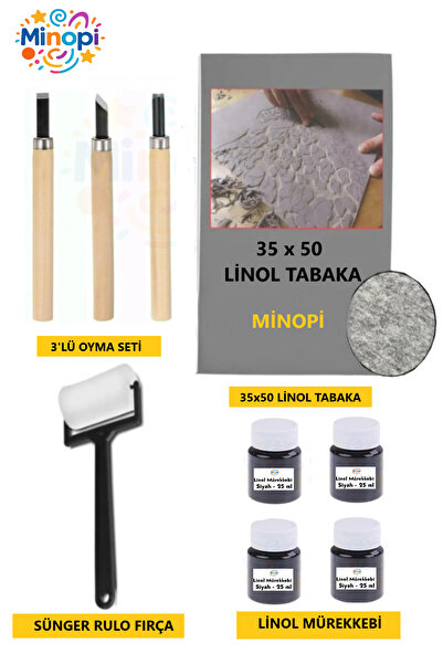 Minopi Linoleum Sheet 2.5 mm 35X50 Cm, Black Ink, Sponge Roller Roller, 3-Piece Carving Set
