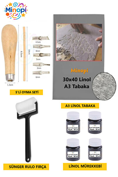 Minopi Linoleum Sheet 2.5 mm 30X40 Cm, Black Ink, Sponge Roller Roller, 5-Piece Carving Set