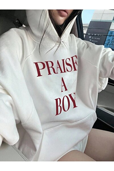 OVER HEAD Hanorac alb pentru femei Praise A Boy cu imprimeu cu 3 fire