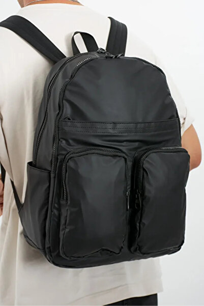 Sanmorris حقيبة ظهر عملية من القماش المجعد المقاوم للماء باللون الأسود للجنسين مع حجرة للكمبيوتر المحمول