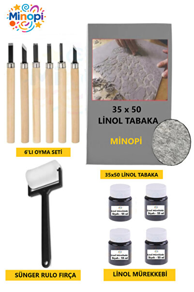 Minopi Linol Tabaka Levha 2.5 Mm 35x50 Cm , Siyah Mürekkep , Sünger Rulo Merd...