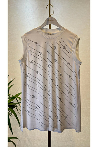 Ghisa Ekru Renk Koluz Taş Detaylı Kolsuz Tunik