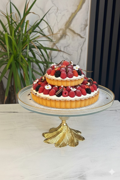 MAY HOME Gold Detailed Glass Presentation Plate & Pedestal Cake Cookie Stand (28 cm)