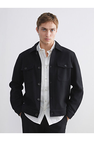 LC Waikiki Siyah Regular Fit Uzun Kollu Kaşe Erkek Gömlek Ceket