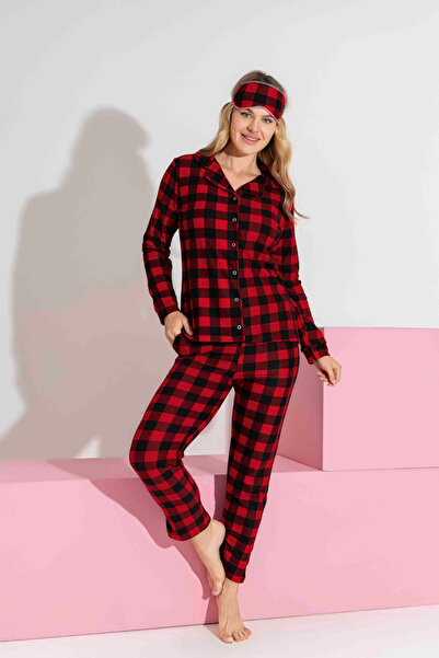 İYİBU Anne Kız Kombin Kırmızı Siyah Ekose Süet Kışlık Pijama Takımı + Uyku Bandı Hediyeli (Ayrı Satılır)