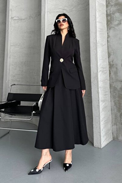 spirituel Women's Two-Piece Suit Stylish Button Detail Stand Collar Blazer Jacket Long Bell Skirt Set