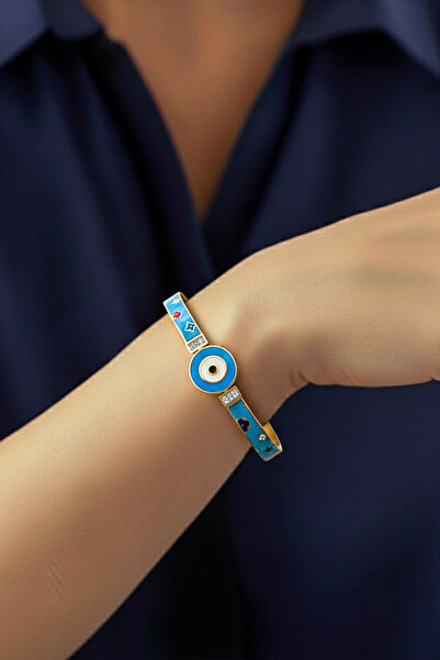 Modacaprea Çelik Mavi Nazar Boncuklu Kadın Kelepçe Bileklik 18 cm Altın Renkl...