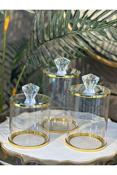Elta Collection Gold Detaylı Kristal Kapaklı Cam Kavanoz Seti – 3’lü Lüks Çok...